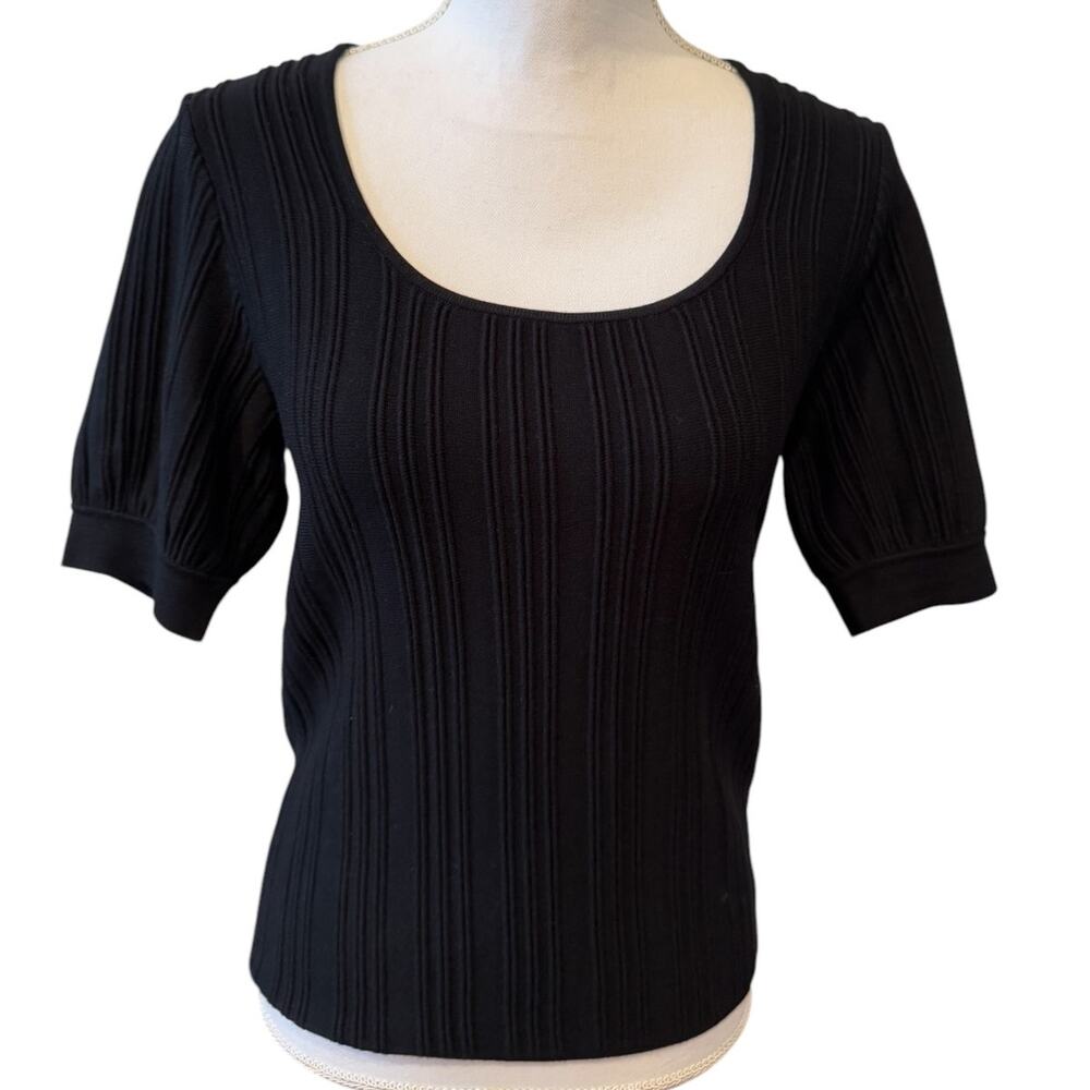 Elie Tahari Scoop Neck Ribbed Knit Top Black S